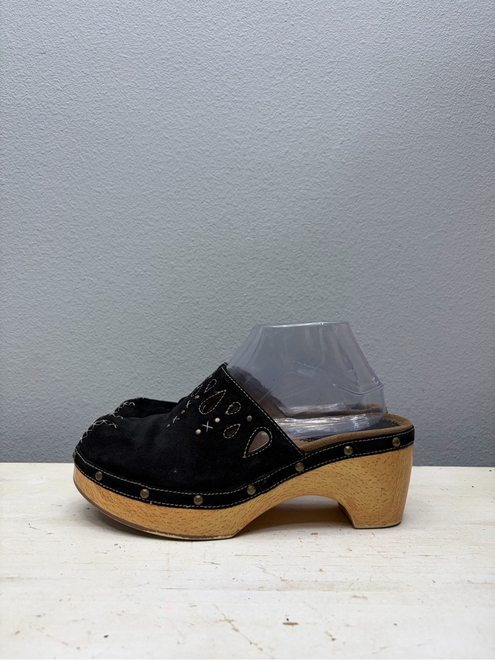 Indigo Black Suede Wooden Clogs Size 9